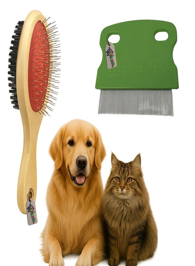 ويستيرن إرا مجموعة العناية بالحيوانات الأليفة من ويسترن إيرا 2 في 1 للكلاب والقطط | فرشاة خشبية بشعيرات مزدوجة الجوانب لإزالة الشعر الزائد | مشط يدوي للبراغيث بدبابيس معدنية للحيوانات الأليفة | أداة لإزالة القراد والبراغيث (عشوائية) - Image 1